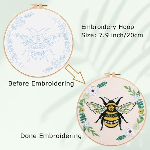 Image of Louise Maelys Bee Embroidery Kit for Beginners Cross Stitch Kit for Adults | Stamped Floral Pattern With Hoop, Threads, Needles And Instructions For An Easy DIY Craft Project And Handmade Wall Decor