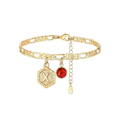 Custom4U Personalized Initial Ankle Bracelets for Women 14K Gold Plated Dainty CZ Birthstone Heart/Hexagon Letter Initial Anklets for Women Adjustable Silver/Gold Foot Chain Summer Beach Jew