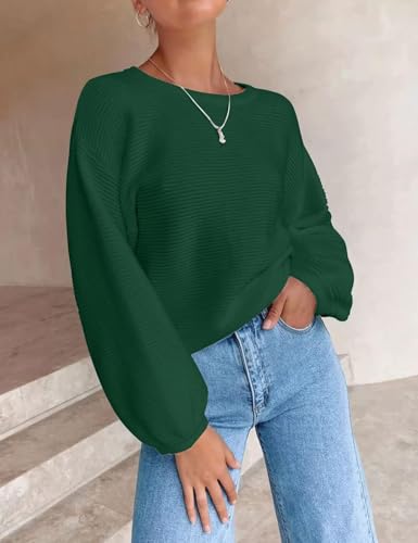 Image of ZESICA Women's Crew Neck Long Lantern Sleeve Fall 2026 Casual Loose Ribbed Knit Solid Soft Pullover Sweater Tops