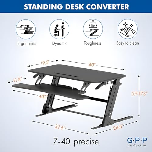 Image of Standing Desk Converter for Dual Monitors, 40 Inch Height Adjustable | Sit-To-Stand Workstation With Gas Spring Lift, Detachable Keyboard Tray, and 17.3 Inch Vertical Range