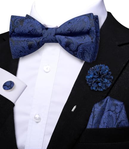 Image of Dubulle Mens Paisley Striped Bowtie Set Pre-tied Bowtie for Men and Pocket Square Set Wedding Business