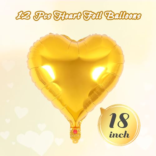 Image of 12 Pcs Gold Heart Balloons,18 Inch Heart Foil Balloons Love Balloon Valentine Balloon for Birthday Party Wedding Engagement Party Baby Shower Valentine Day Decorations