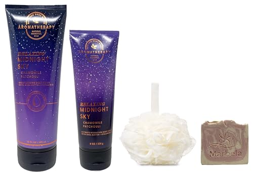 Bath & Body Works Aromatherapy Relaxing Midnight Sky Chamomile Patchouli 2 Piece Gift Set -Moisturizing Body Wash and Body Cream with a Himalayan Salts Springs Sample Soap + a FREE Shower Sponge