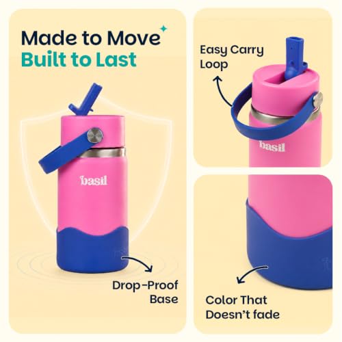 Image of Basil HydraFizz Stainless Steel Insulated Kids Water Bottle for School, 380ml Leakproof Bottle with Straw & Carry Handle, Double Wall Vacuum Thermosteel Bottle for, Sports, Travel & Outdoor Use | Reef