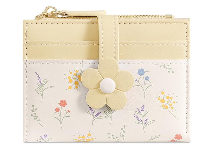 Women Mini Wallet with Zip Coin Pocket | Floral Print Card Holder Purse | Compact PU Leather Wallet for Girls & Ladies (Yellow)-image-36