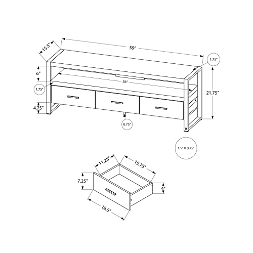 Monarch Specialties Tv Stand-Console With 3 Drawers And Shelves-Industrial Modern Style Entertainment Center With Metal Legs, 60" L, Brown Reclaimed Wood Look #TOP7