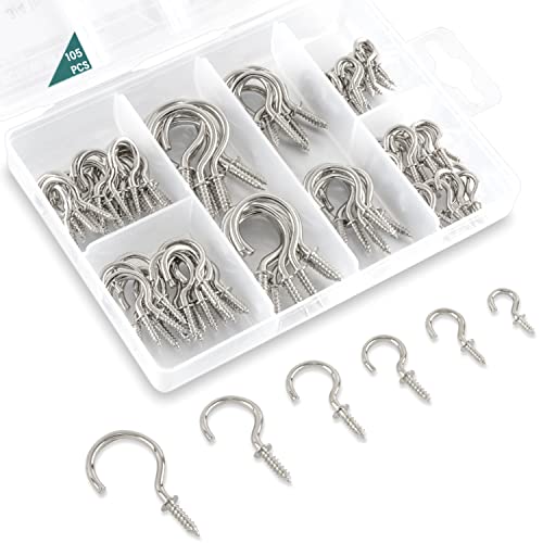 EIENHOSHI 105 Pcs Screw Hooks, 6 Sizes Silver Cup Hooks, Screw in Hooks for Hanging, Metal Cup Hook Screw in (1/2