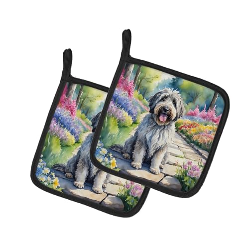 Caroline's Treasures Bergamasco Sheepdog Spring Path Pair of Pot Holders Kitchen Heat Resistant Pot Holders Sets Oven Hot Pads for Cooking Baking BBQ, 7 1/2 x 7 1/2