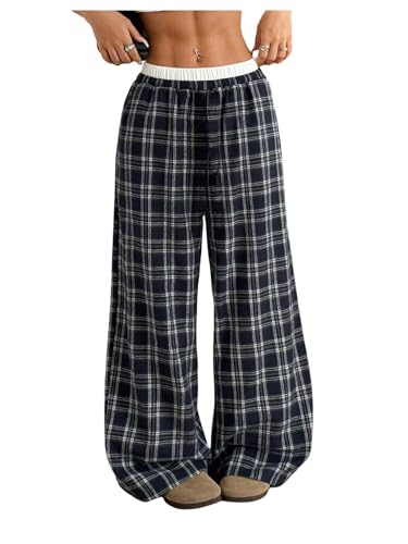 Verdusa Girl's Casual Plaid Wide Leg Pants Drawstring Elastic Waist Baggy Trousers