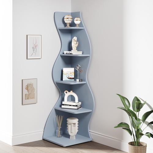 Image of Tribesigns Corner Shelf, Modern 5-Tier Wall Corner Bookshelf, Stylish Corner Small Bookcase Storage Rack Plant Stand with Unique Shape for Living Room, Home Office (Blue, 1PC)