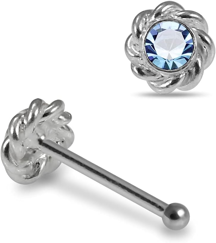 Crystal Stone Twister Flower Top 22 Gauge 925 Sterling Silver Ball End Nose Pin - Nose Stud - Tiny Nose Ring - Nose Piercing Body Jewelry