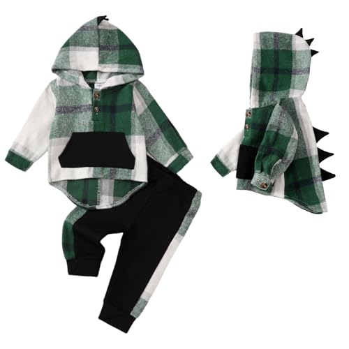 Image of KIMI BEAR Infant Baby Boys Clothes Toddler Boy Outfits Flannel Shirt Tops Plaid Dinosaur Hoodie Pants Fall Winter Outfits