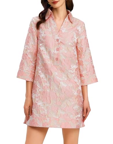 Ladyful Womens Jacquard Shift Dress 3/4 Sleeve V Neck Casual Formal Elegant Wedding Guest Mini Dress
