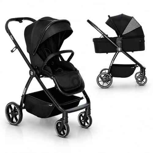 Asalvo DÚO RODAS Silla de Paseo, Carro Plegable Ultraligera y Compacta, Asa Trolley, Equipaje avión, Reclinable, Carro Bebe, Barra Seguridad, Arnés 5 Puntos, hasta 23kg, Negro
