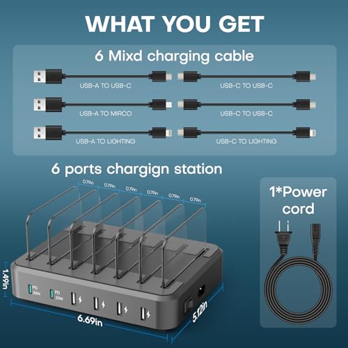 65W 6 Ports Charging Station for Multiple Devices,with 2 USB C Fast Charger - image 6