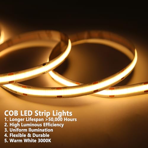 Image of 24V COB LED Strip Light Warm White 3000K IP20 Uniform Light Emitting 480LEDs /M 16.4FT /5M CRI90 Flexible Can be Cropped LED Light Strip Cabinet Home DIY Lighting Projects (Warm White 3000K)