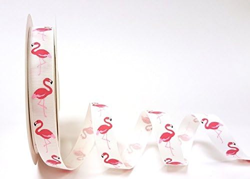 Bertie's Bows Pink Flamingo Print White 16mm Grosgrain Ribbon on a 25m Roll