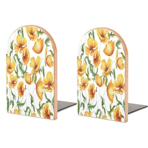 Quteprint Fermalibri in legno per mensole, fermalibri da scrivania, confezione da 2, motivo papavero giallo acquerello, decorativi, per ufficio, casa, scuola, resistenti, per libri di film, medie