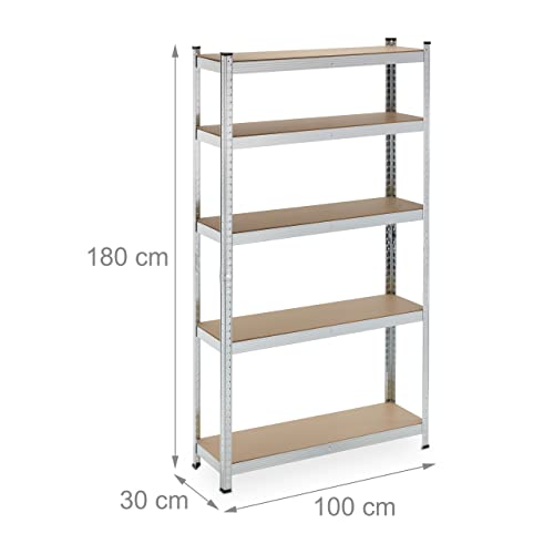 Relaxdays Schwerlastregal, 5 Ebenen, HBT 180x100x30 cm, 500 kg Tragkraft, Stahl, Lagerregal für Keller & Garage, Silber