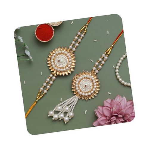 Image of eCraftIndia Pearls Designer Bhaiya Bhabhi Rakhi Set with Roli Chawal Pack | Rakhis for Brother Bhaiya Bhai