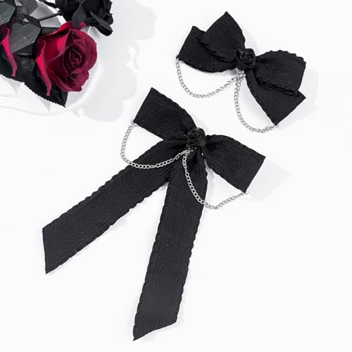 2 PCS Bow Hair Bows Black Ribbon Clips Gothic Lolita Hair Decor Pins Chain Designs Alligator pins Hair Accessories for Long and Short Hair for Women Girls Party Holiday Birthday Decoration