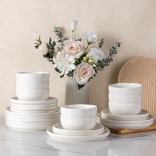 Image of LERATIO Ceramic Dinnerware Sets for 8,Handcraft Wavy Rim Stoneware Plates and Bowls Sets,Highly Chip and Crack Resistant | Dishwasher & Microwave & Oven Safe Dishes set,Service for 8(24pc)-Pearl White