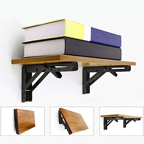 Image of Storystore Folding Shelf Brackets - 16 Inch Heavy Duty Metal Collapsible Shelf Bracket for Bench Table, Shelf Hinge Wall Mounted Space Saving DIY Bracket, Max Load: 150 lb 2 PCS (Black)