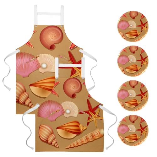 Lot de 2 tabliers de cuisine à motif coquillages avec 4 poches