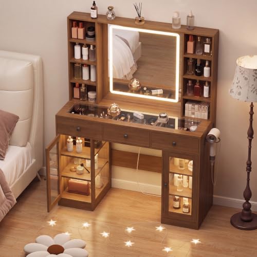 Image of Walnut Vanity Desk with Mirror and Lights, Glass Top Vanity with Lighted Mirror & RGB Cabinet and 3 Drawers, Dressing Table with 8 Shelves, Makeup Desk with Lights for Girls Bedroom, 3 Color Modes