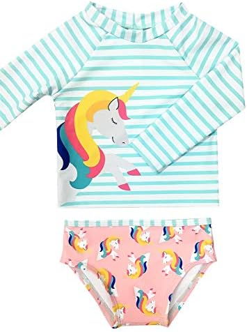 Baby Girls Two Pieces Long Sleeve Flamingo Print Rash Guard Bathing Suit Size 3-24M