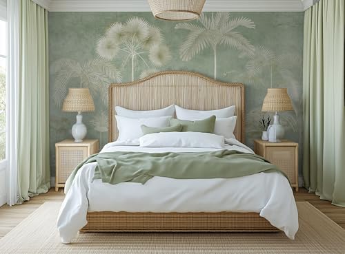 ASJ Large Peel and Stick Wall Mural, Vintage Chinoiserie Sage Green Tropical Palm Tree and Peacock Wallpaper, Straight Match Removable Self-Adhesive Textured Wall Art for Living Room (118"x78") by ASJ - Image 3