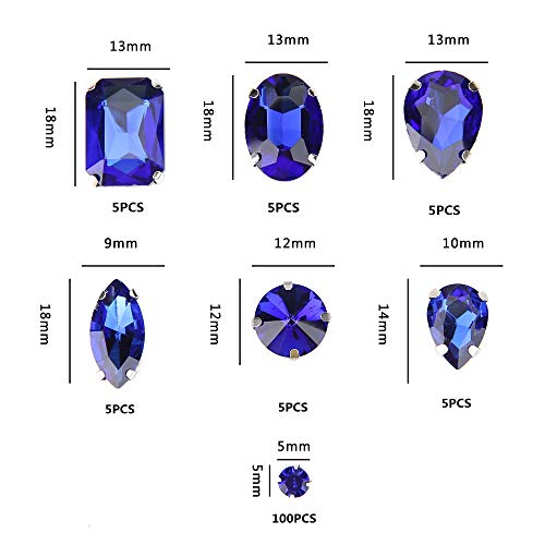 Choupee 130PCS Sew on Glass Rhinestone Blue,Sew On Rhinestone Metal Back Prong Setting Sewing Claw Rhinestone Mixed Shapes Sew On Glass Gems for Jewelry, Clothes, Costume, Shoes,Dress, Garments