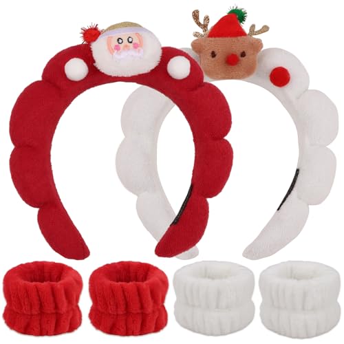 WHAVEL 6PCS Christmas Headband Terry Cloth Spa Headband and Wristband Set, Puffy Sponge Hair Band Wrist Towels for Women Girls Washing Face Makeup Skincare