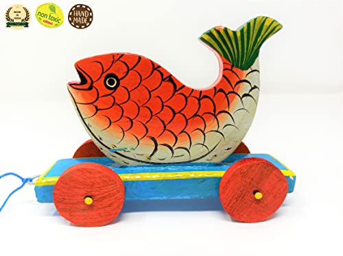 Image of A&A Kreative Box Wooden Pull Along Toy Encourage Walking, Build Gross Motor Skills and Hand-Eye Coordination Handcrafted by Indian Artisans for Kids Toddlers (Fish)