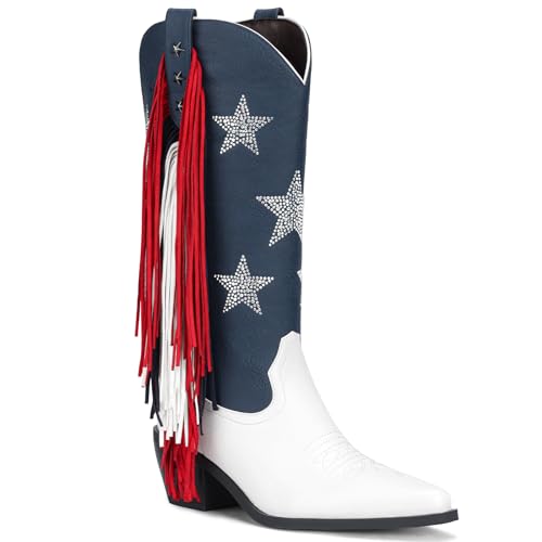 Eswilran Women Rhinestone Cowboy Boots - 4th of July Patriotic