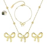 ZRU Gold Bow Earrings Necklace Bracelet Jewelry Set for Women-Ribbon Bowknot Stud Earrings Pendant Choker Necklace Bracelet 18K Gold Plated Bow Valentines Gifts Fashion Jewelry for Her