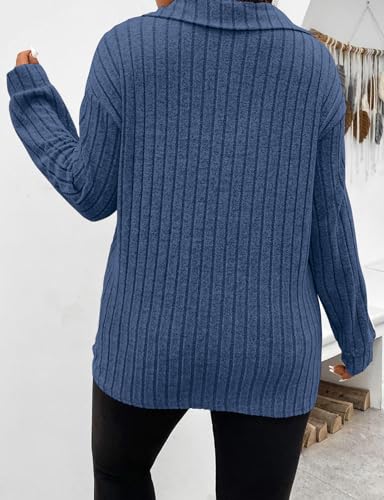 Image of Koscacy Women Plus Size Casual Knit Sweater Lapel V Neck Solid Color Tops Lightweight Long Sleeve Blouses