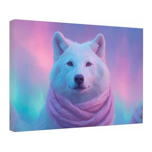 Tableau loup blanc sous la neige déco salon moderne écharpe rose 40x60cm