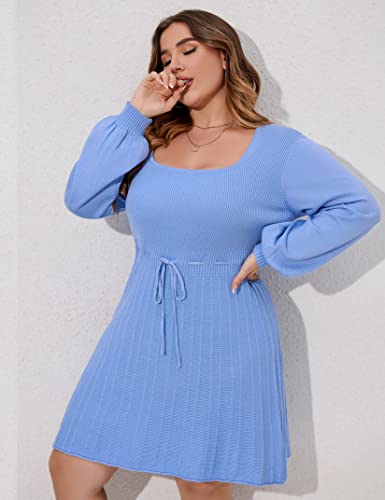 Image of Women's Plus Size Casual Sweater Dress Square Neck Long Lantern Sleeve Tie Waist Loose Pullover Sweater Dresses