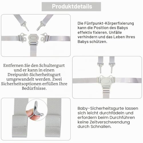 RMENOOR 5 Punkt Gurt Sicherheitsgurt Hochstuhl Anschnallgurt Multifunktional Kinderschutzgurt mit 2 Schulterpolsterungen Haltegurt für Kinderwagen Buggy (Grau)