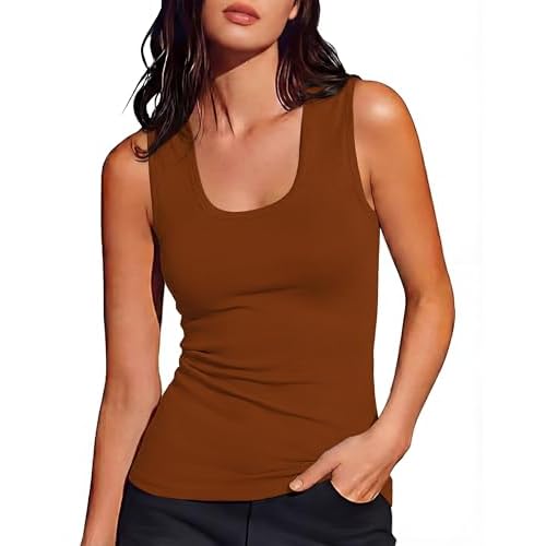 Totatuit Women Wide Straps Ribbed Tank Top Sleeveelss Basic Camisole Tops Scoop Neck Fitted Casual Summer Shirts