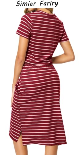 Image of Simier Fariry Womens Summer Hide Belly Knee Length Travel Dress Pocket Short Sleeve Midi Work Casual Outfits