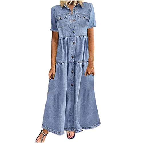 Image of AMhomely Office Dresses for Women UK Plus Size-Denim Look Dress,Summer,Short Sleeve Button Down Maxi Dresses,Vintage Distressed Casual Boho Dress,Holiday Vacation Going Out A Light Blue 4XL