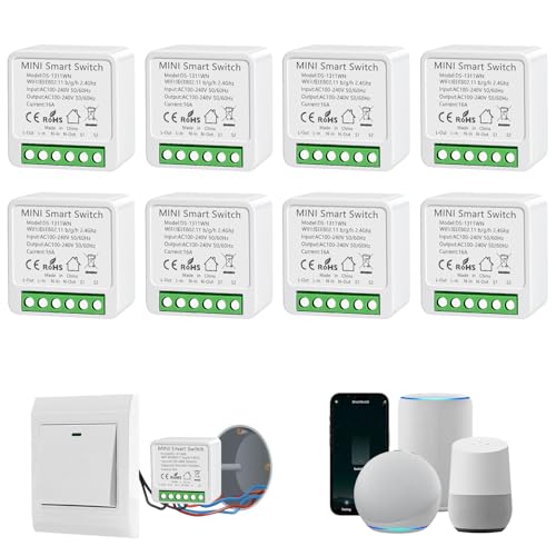 Interrupteur WIFI, Interrupteur Intelligents Alexa, Interrupteure Connecté avec Tuya et Smart Life APP, Mini Smart Switch Module, Montage Encastré, Conducteur Neutre Nécessaire (8 pièces)