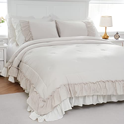 Boho Comfrter Set King Size Beige Bedding Set Shabby Chic Down Comforter 2 Layers Ruffles Home Decor Farmhouse Quilt Set Ultra Soft Microfiber White Cream Bohemian Bed Set for Girls Women…