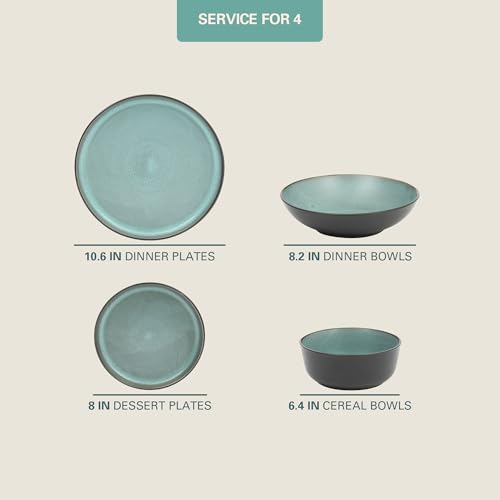 Image of Gibson Elite Tribeca Loft 16-Piece Dinnerware Set - Matte Black and Green Reactive Glaze Stoneware, Double Bowl Round Plates and Bowls - Modern Rustic Tableware for 4, Dishwasher & Microwave Safe