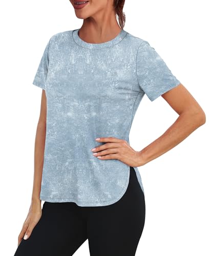 Image of Aokosor Gym Tops for Women UK Short Sleeve Casual Lightweight Summer Tee Shirts Training Athletic Clothes Soft Stretchy Active Wear Blue Tie Dye Size 14-16