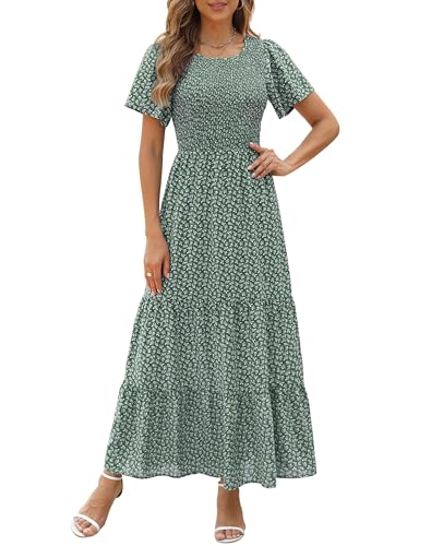 Image of Kranda Women 2025 Summer Fall Crewneck Short Sleeve Smocked Floral Maxi Dress