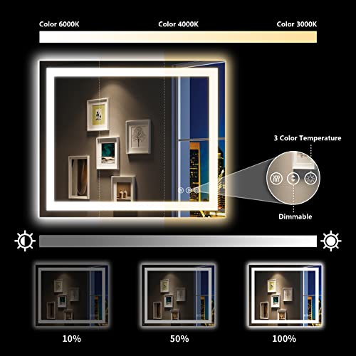 Image of 48x36 Inch LED Bathroom Mirror with Lights Front and Backlit Lighted Vanity Mirror for Bathroom Wall with 3 Colors Dimmable Anti-Fog Memory Shatter-Proof IP54 Waterproof Horizontal /Vertical