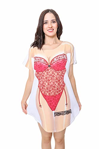 The Original Women's Bikini Shirt - Funny Bikini Print Bathing Suit Cover-up Beach Tshirt Dress for Women Men (Red Lingerie, One Size Plus)